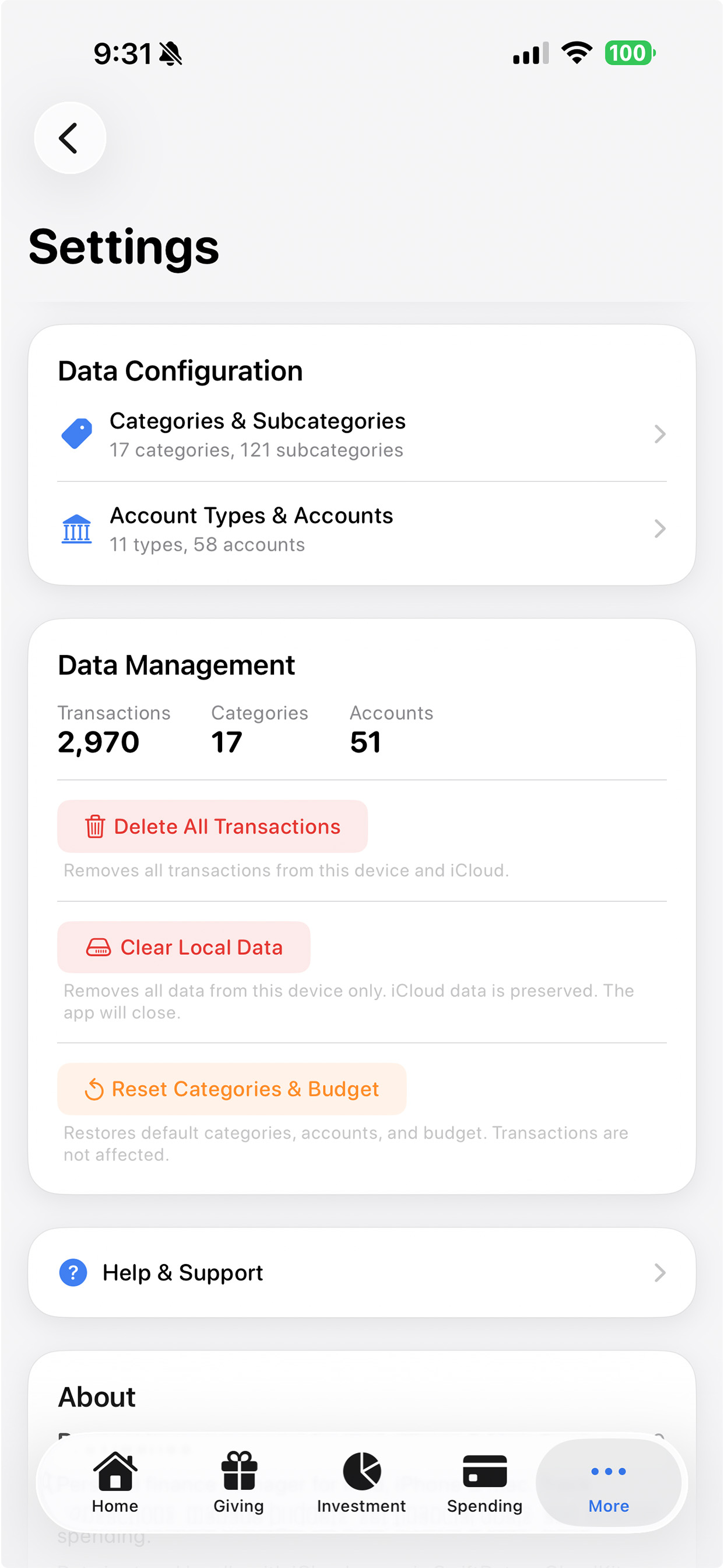 Providence iPhone Settings — Data configuration, categories, accounts, and data management