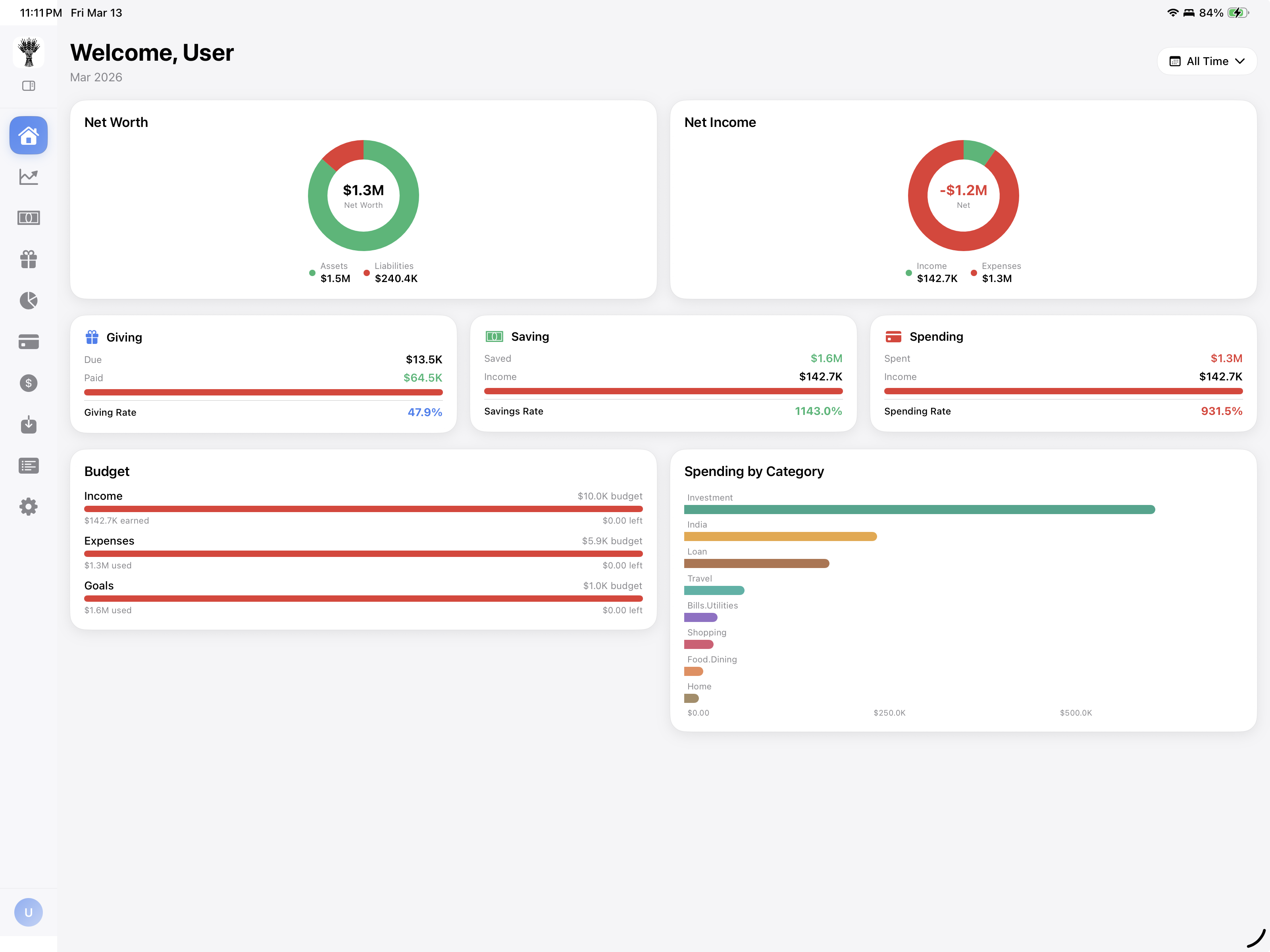 Providence iPad Dashboard — Full financial dashboard with sidebar navigation
