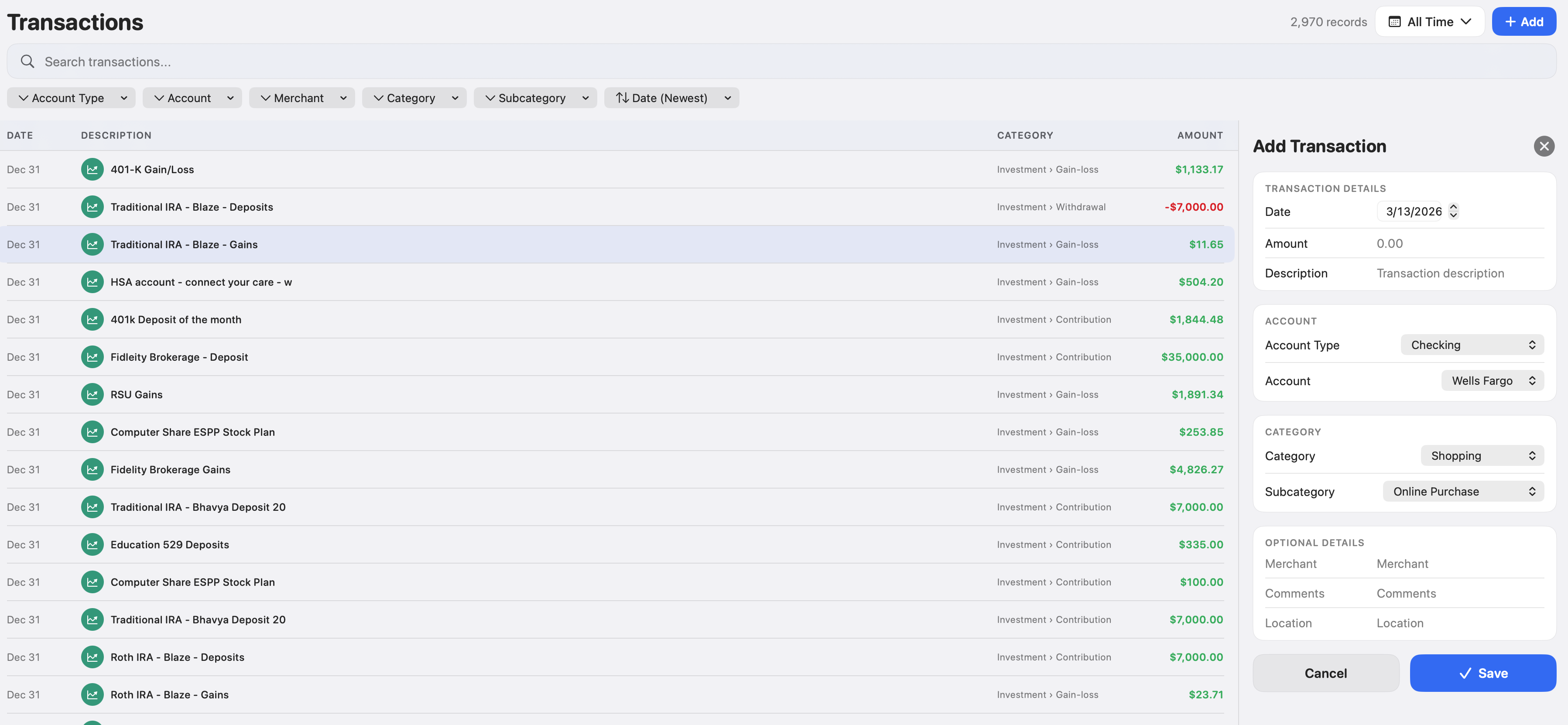 Providence Add Transaction form with fields for date, amount, account, category, and more