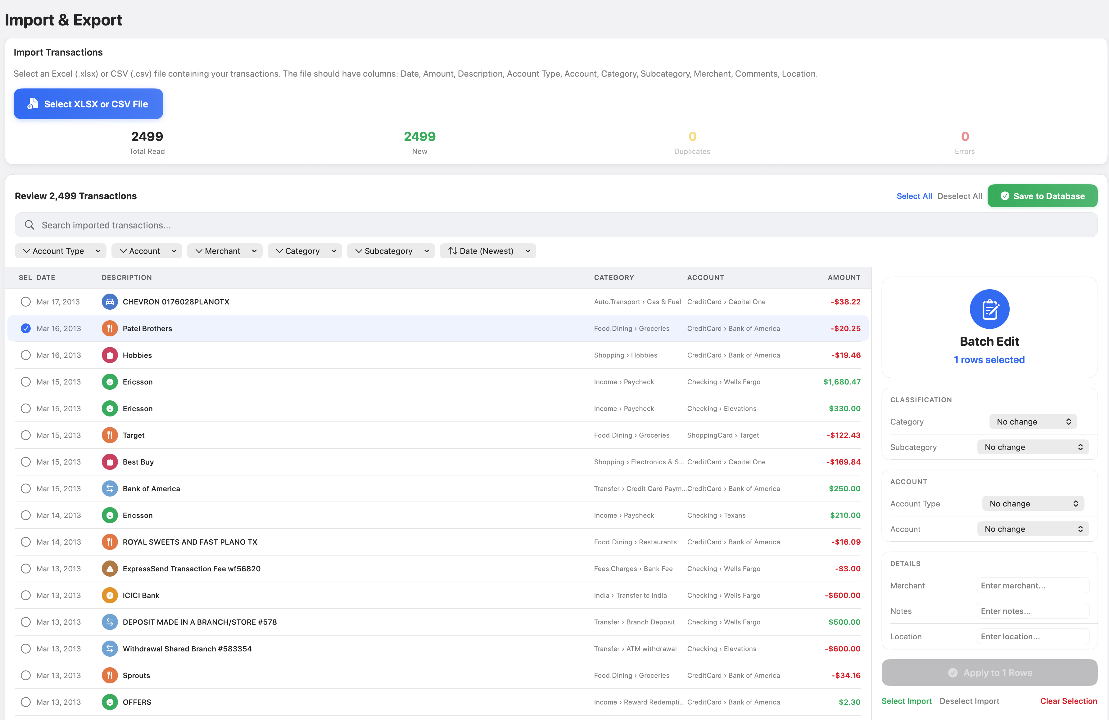Providence imported transactions list showing auto-categorized transactions with accounts and categories