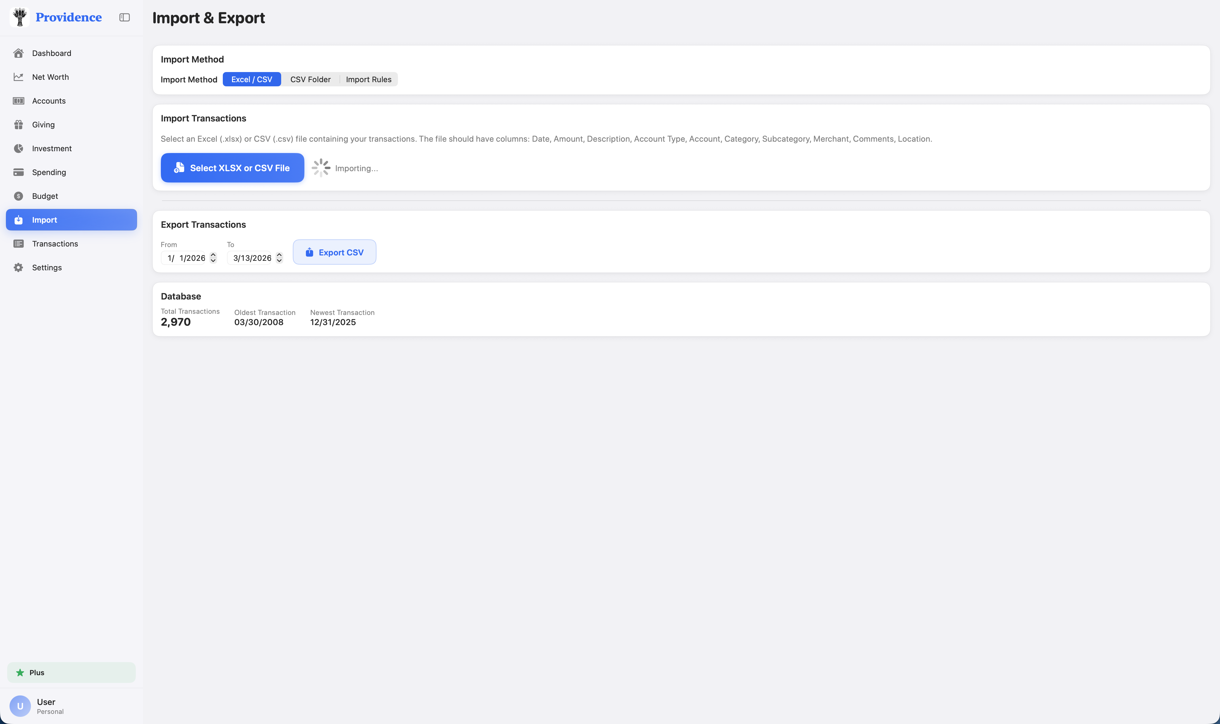 Providence CSV Import screen showing batch import with processing log and transaction review