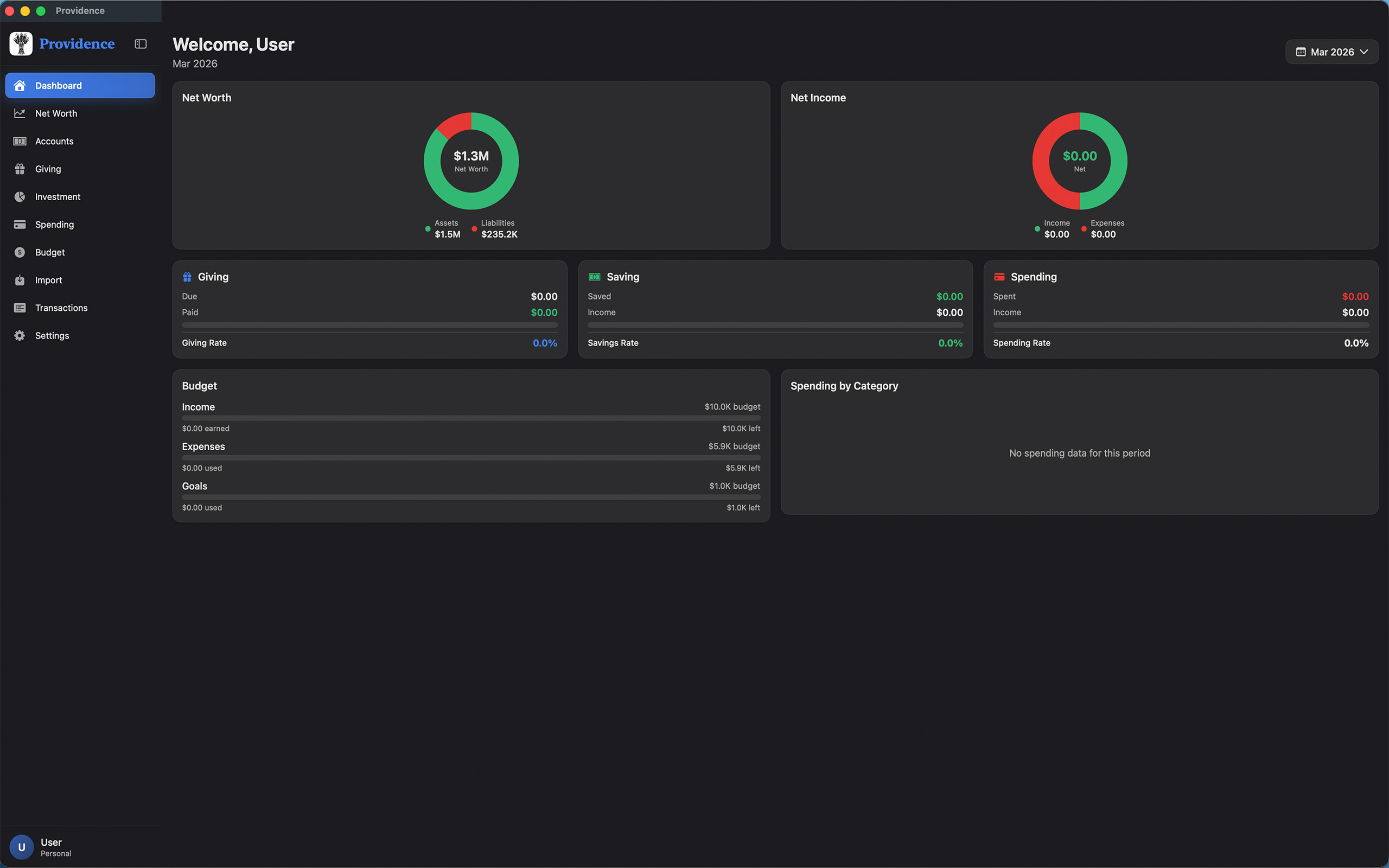 Providence Mac Dashboard — Net Worth, Budget tracking, and Spending by Category
